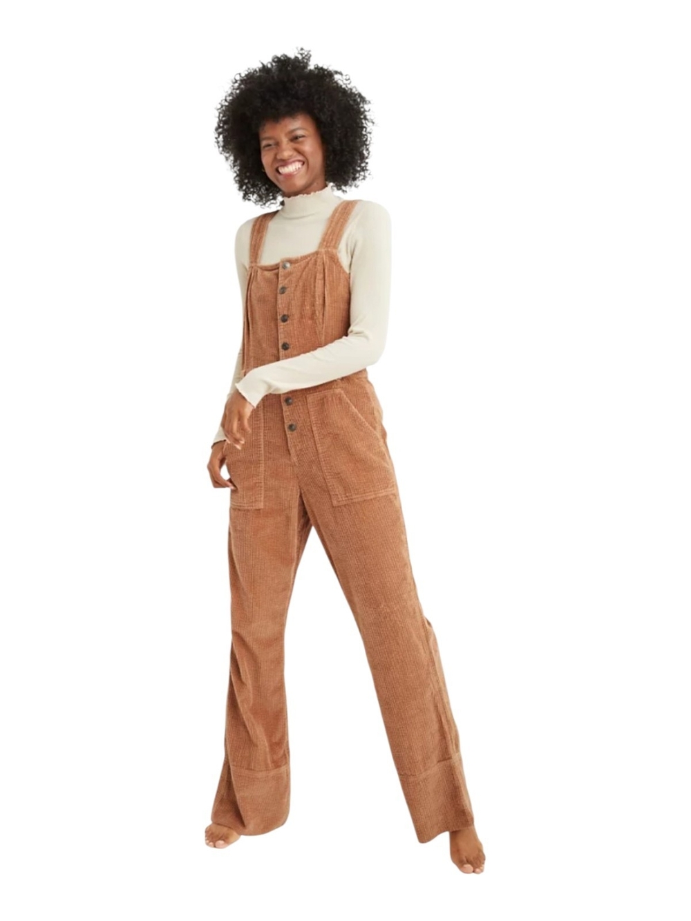 aerie Corduroy Button-Front Overalls in Camel - Women XL